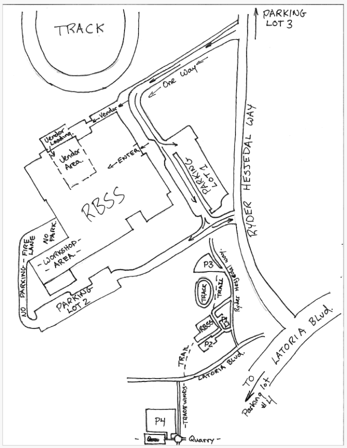Hand-drawn map of the school grounds: main entrance off Ryder Hesjedal Way, one-way loop, parking lots 1 to 4, vendor loading, and workshop area